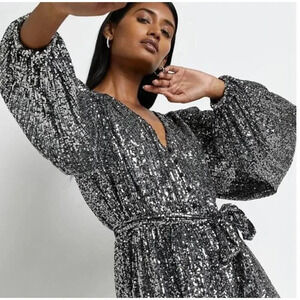 River Island Silver Sequin Belted Waist Long Sleeve Mini Dress Women's 12 NWT
